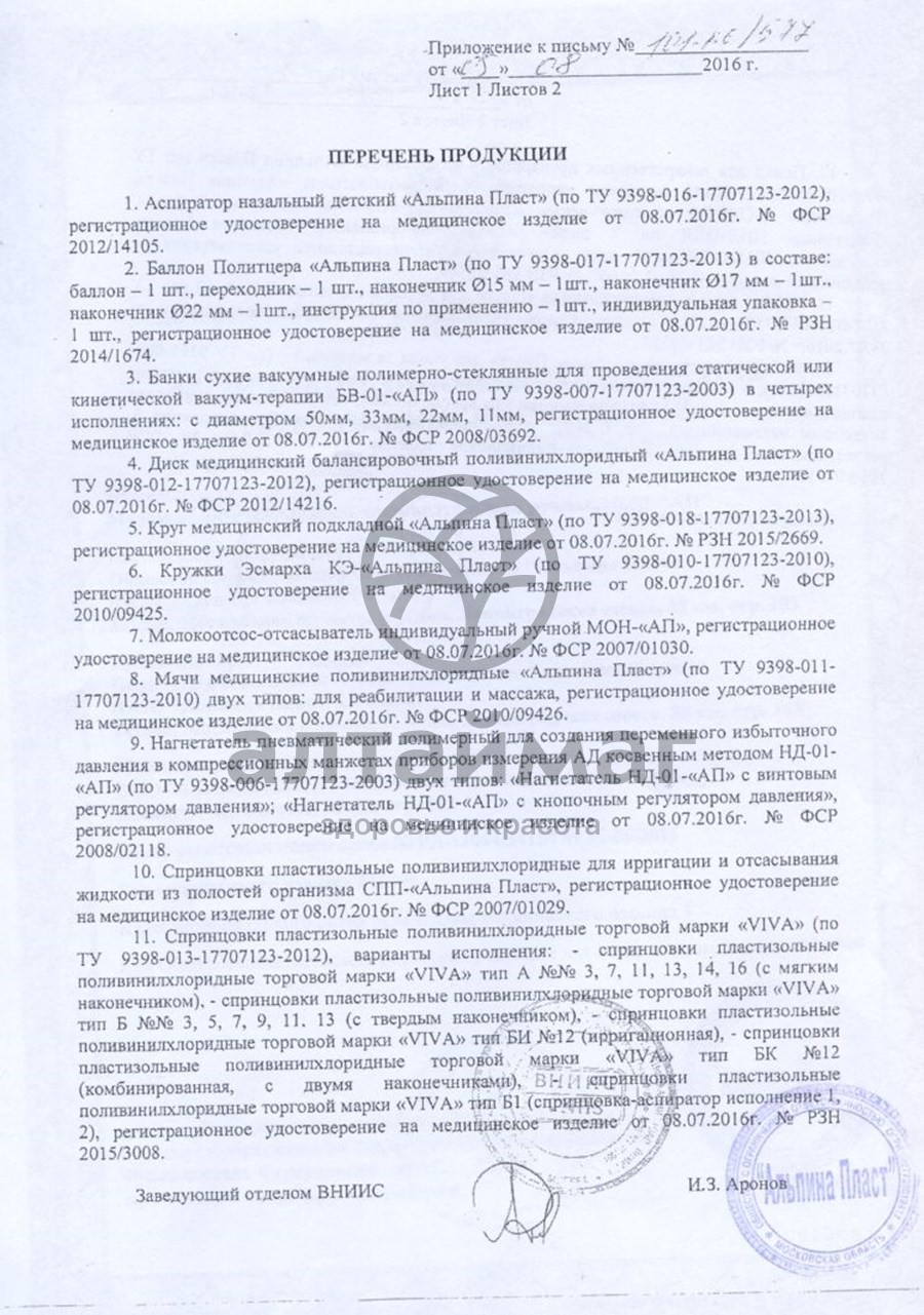 Сертификат на товар Молокоотсос со стеклянным резервуаром Альпина Пласт Молокоотсос со стеклянным резервуаром Альпина Пласт сертификат